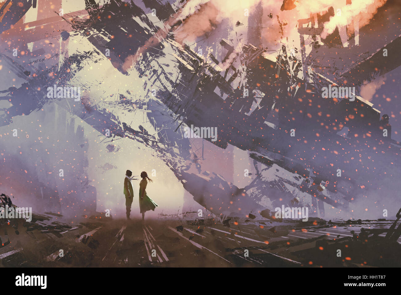 Mann und Frau stehen vor einstürzenden Gebäuden Stadt, Illustration, Malerei Stockfoto