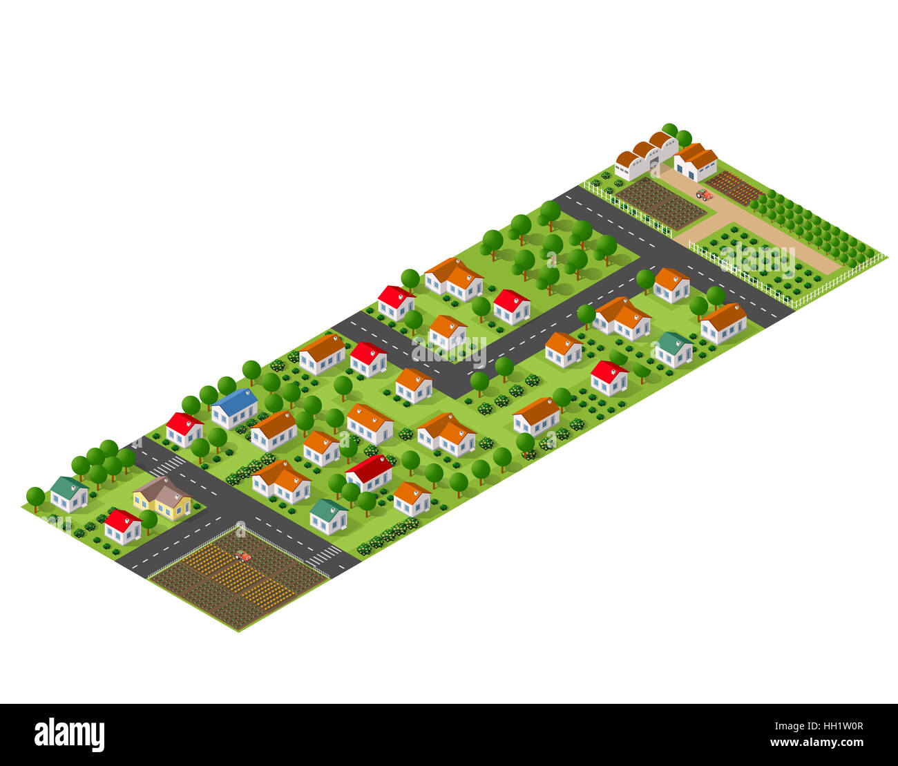 Isometrische Perspektive einer ländlichen Gegend mit Dorf Häuser, Gärten, Bäume und Betriebe Stockfoto