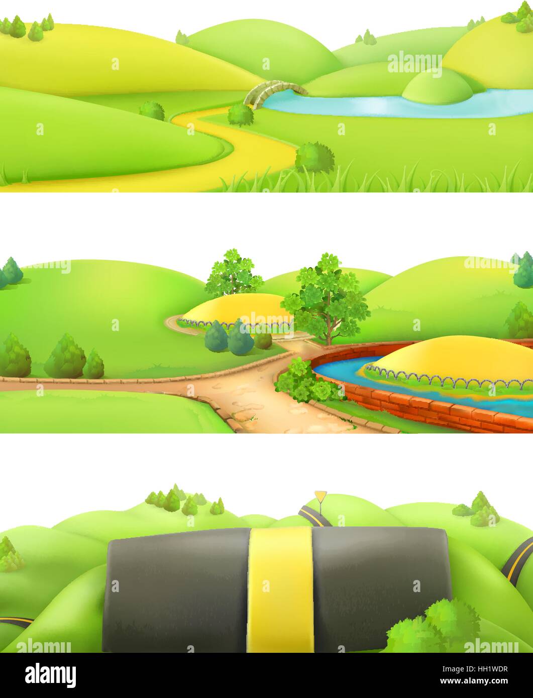 Natur-Landschaft. Park und im Freien. Cartoon Spiel Hintergrund. 3D Vektor-set Stock Vektor