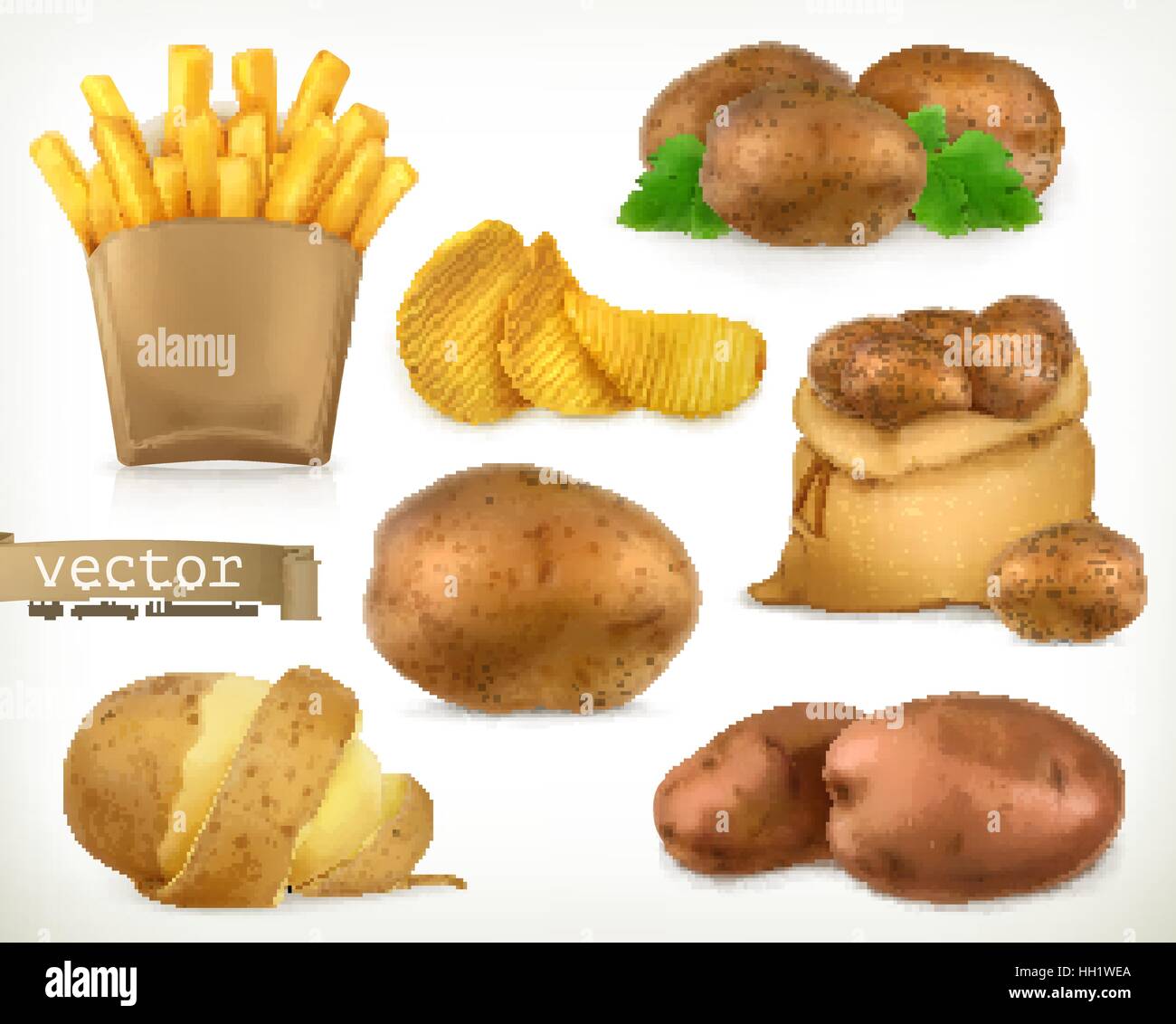 Anbraten und Kartoffel-Chips. Gemüse 3d Vektor Icon set Stock Vektor