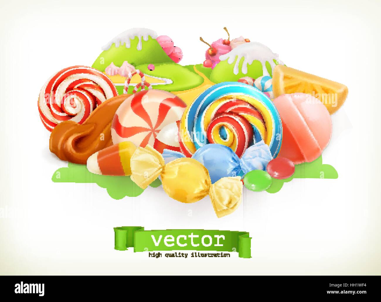 Süßwarenladen. Wirbel-Bonbons, Lutscher, Karamell. Bonbon-Land. 3D Vektor-illustration Stock Vektor