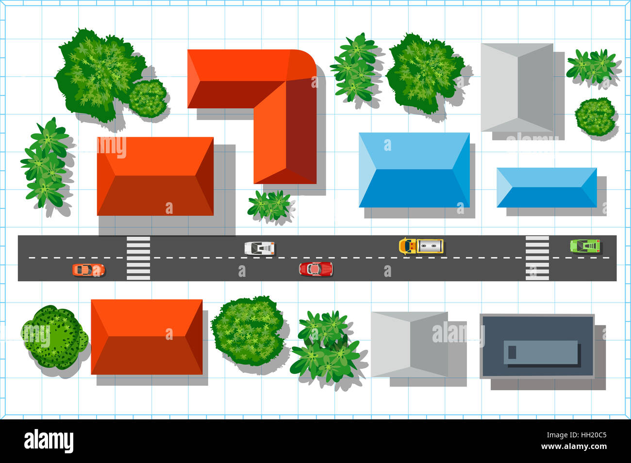 Top Aussicht auf die Stadt mit Quadrocopter mit Dächern der Häuser und Bäume Stockfoto