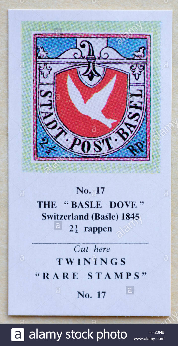 Die Basler Taube Schweiz 1845 2 1/2 Rappen - Twinings Tee Handel Karte ausgestellt, 1960 Stockfoto