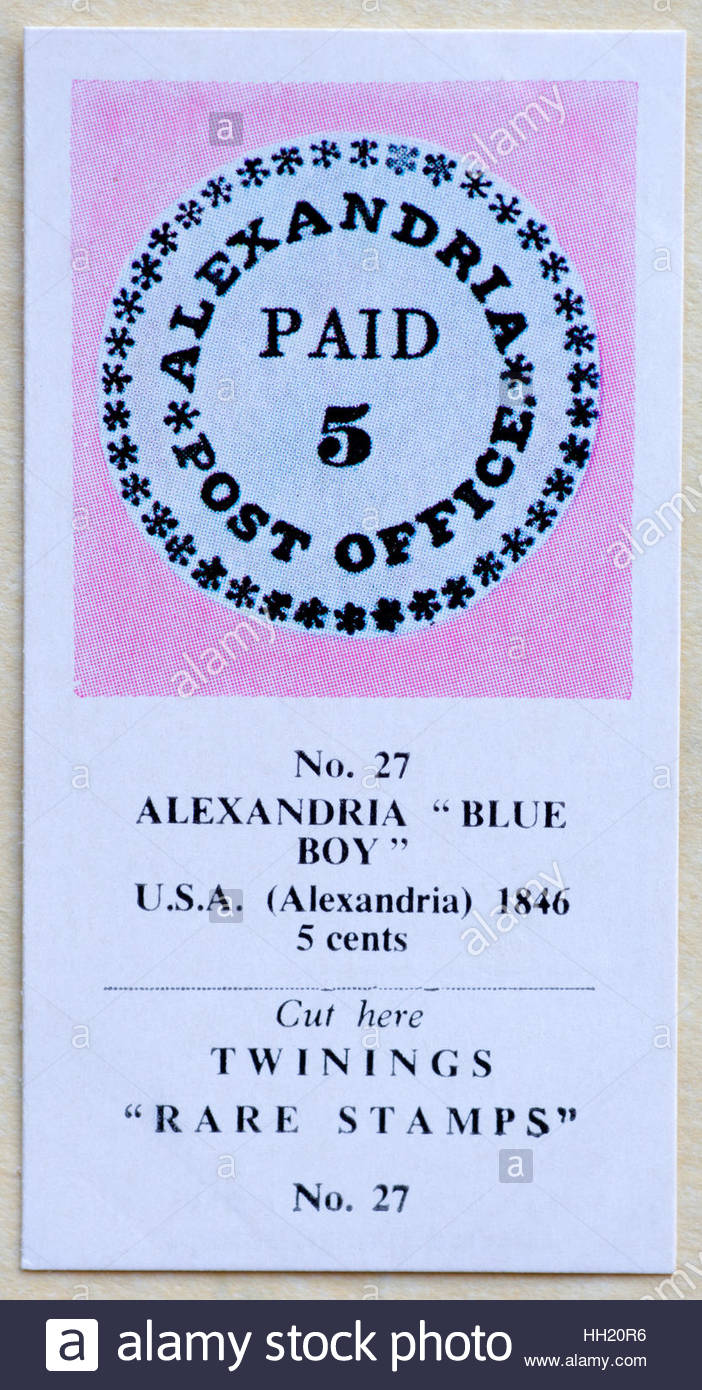 Alexandria Blue Boy USA 1846 5 Cent - Twinings Tee Handel 1960 ausgestellte Karte Stockfoto