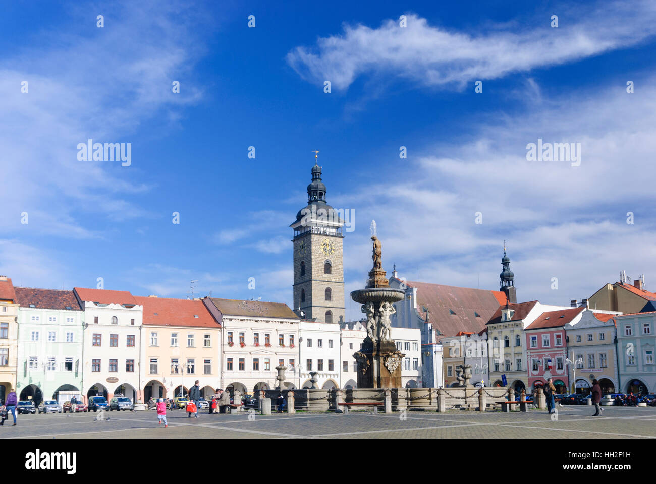 Ceske Budejovice (Budweis): Hauptplatz mit Samson-Brunnen und dem Rathaus, Jihocesky, Südböhmen, Südböhmen, Tschechisch Stockfoto