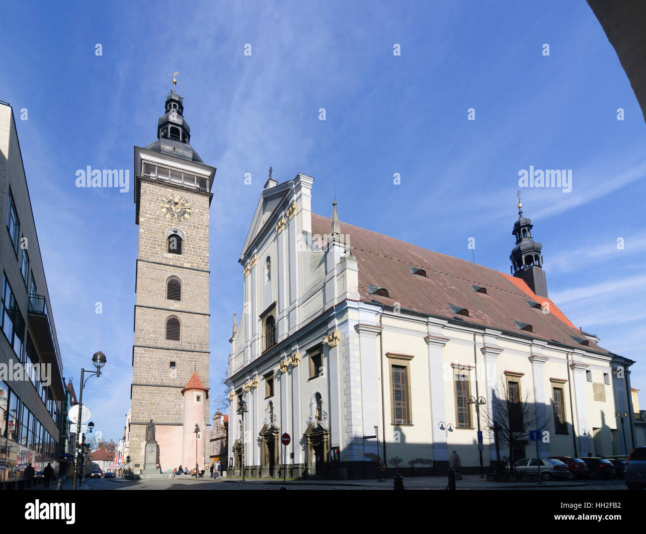Ceske Budejovice (Budweis): St.-Nikolaus-Kathedrale, und schwarze Turm, Jihocesky, Südböhmen, Südböhmen, Tschechien Stockfoto