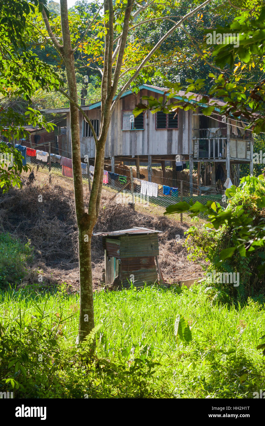 Einfamilienhaus auf Stelzen, in einem abgelegenen Teil von Sabah, Malaysia Borneo Stockfoto