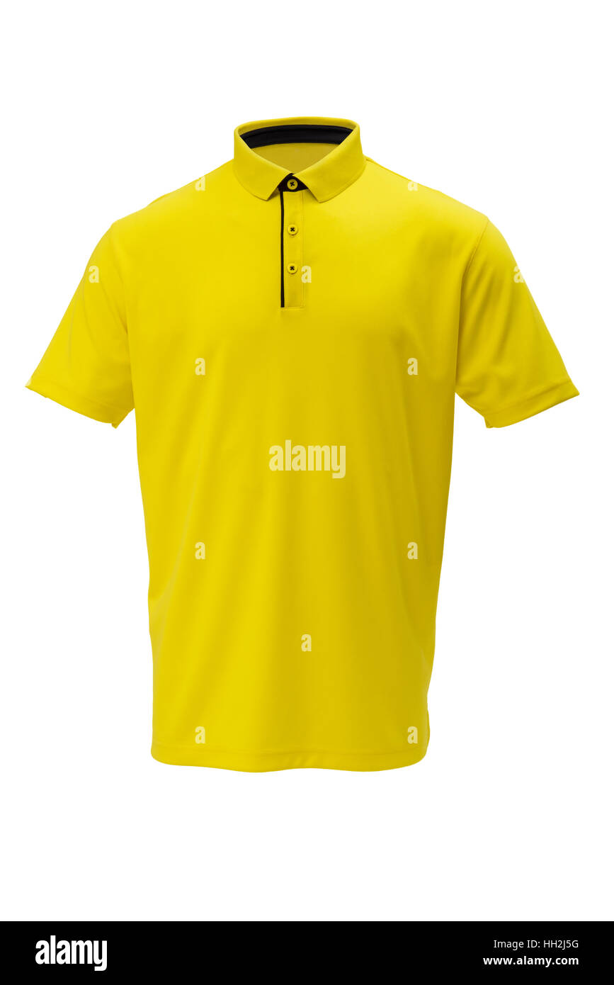Gelb mit schwarzen Zierleisten Golf Shirts für Mann oder Frau auf weißem Hintergrund Stockfoto