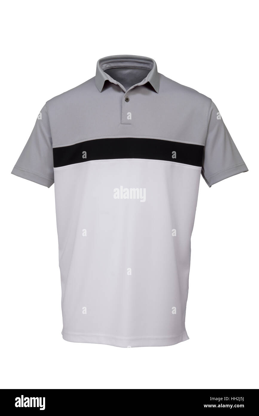 Grau, schwarz und weiß Golf Shirts für Mann auf weißem Hintergrund Stockfoto