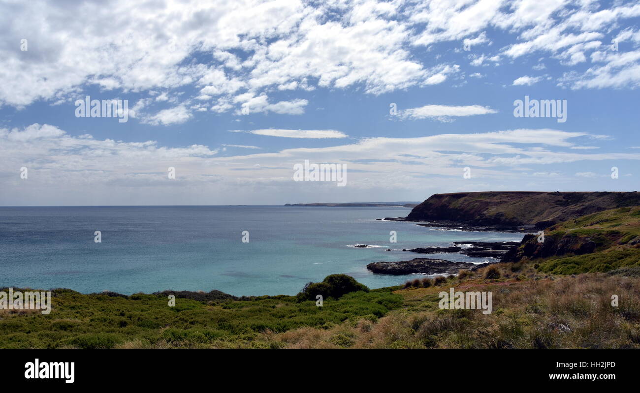 Phillip Island Nature Park - grünen Hügeln und schroffen Küste Victoria Australien. Felsige Küste von den Nobbies in Philip Island Australien. Stockfoto