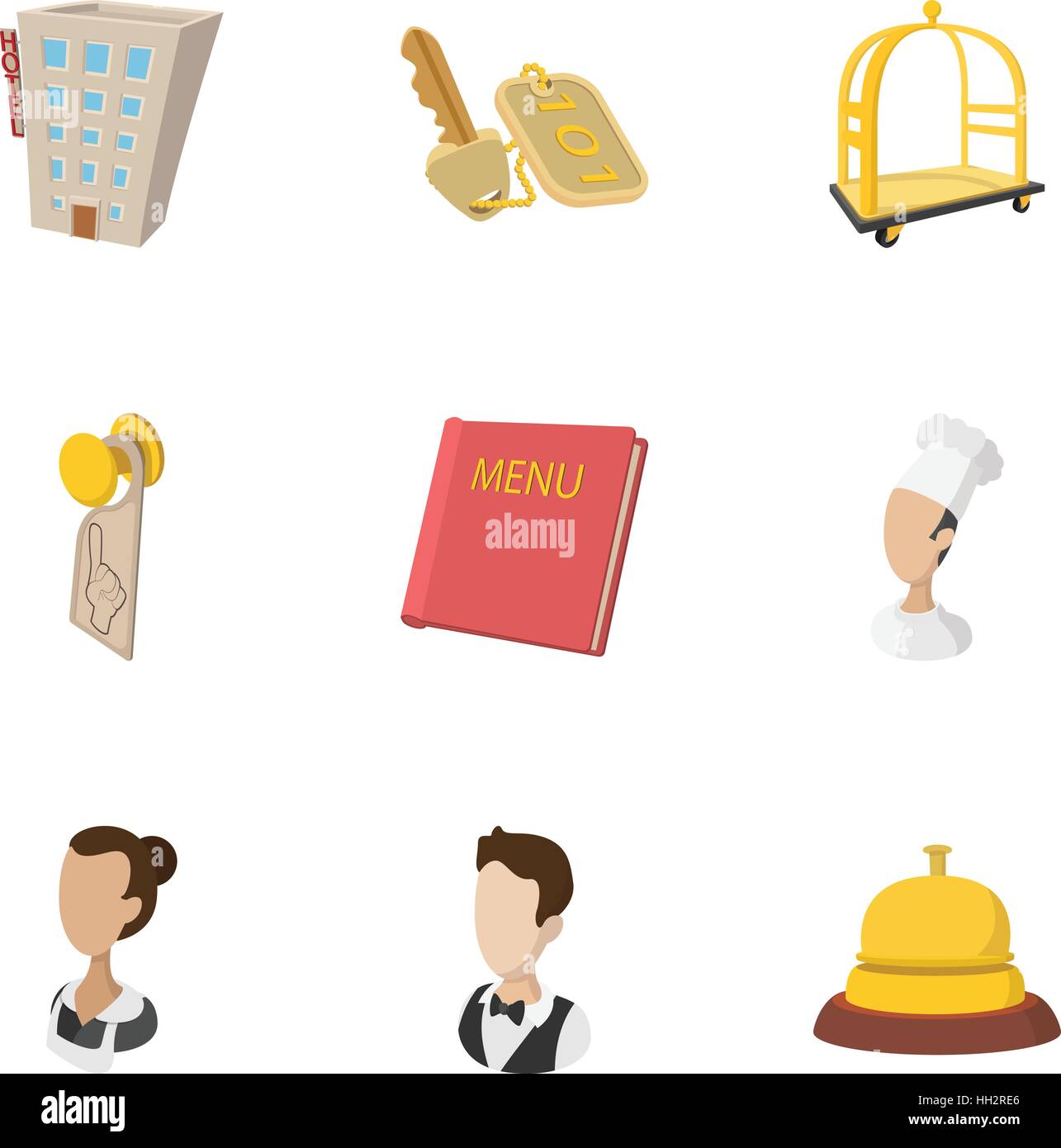 Hotel Unterkunft Icons Set, Cartoon-Stil Stock Vektor
