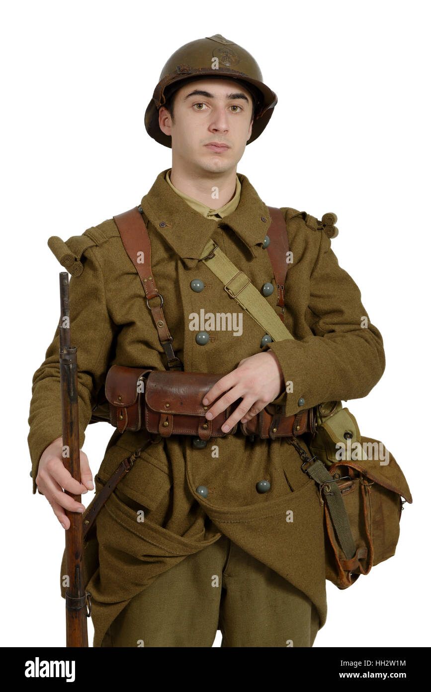 Französischer Soldat in 40er Jahren einheitliche isoliert auf weißem Hintergrund Stockfoto