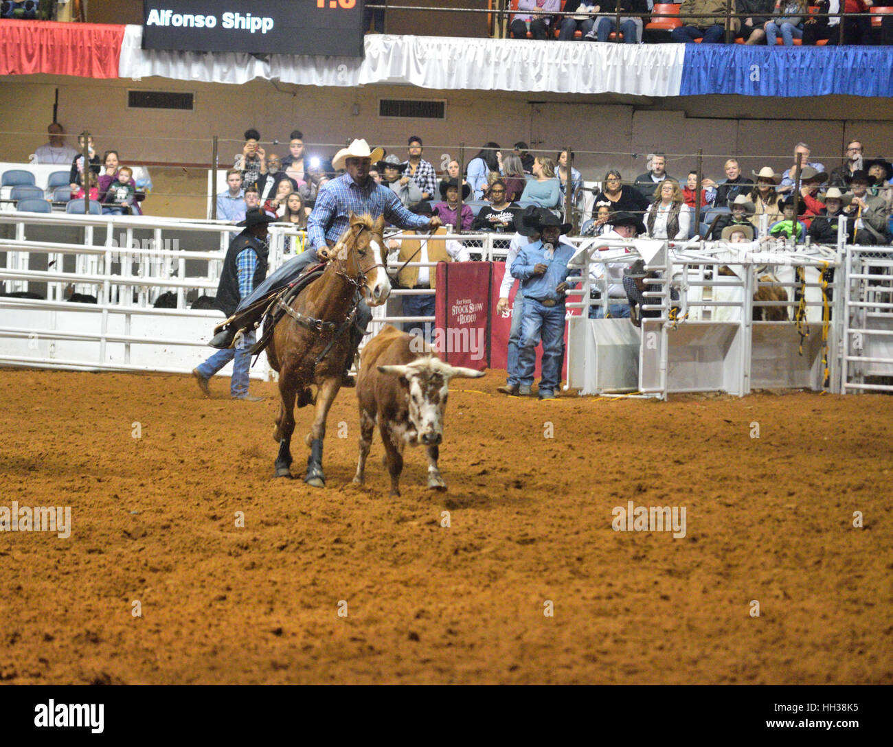 Fort Worth, TX, USA. 16. Januar 2017. Cowboy Alfonso Shipp Taft, OK fährt nach einem Steer am ft. Wert Stock Show und Rodeo. Bildnachweis: Hum Bilder/Alamy Live-Nachrichten Stockfoto