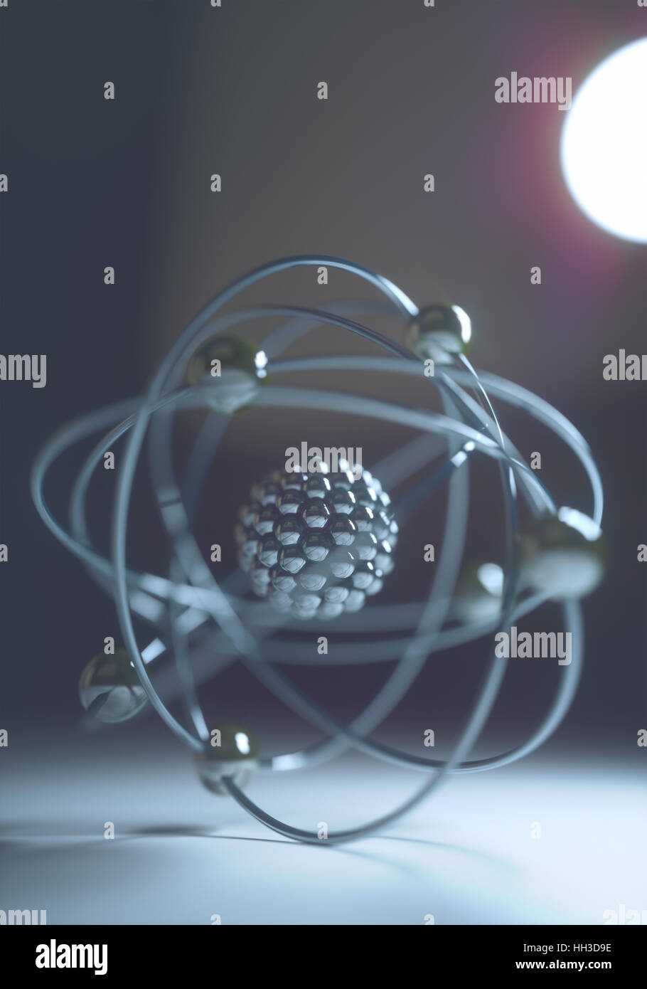 Atommodell im Gleichgewicht mit Gegenlicht. Konzept-Bild der Physik und Chemie. Stockfoto