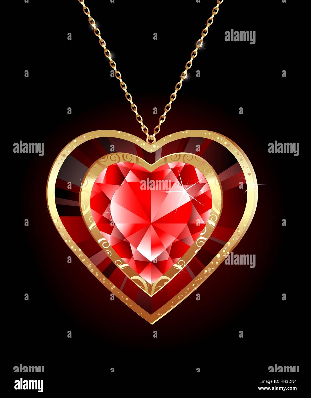 Luxus-Schmuck-Anhänger in Form von einem roten Rubin Herz auf eine goldene Kette Stock Vektor