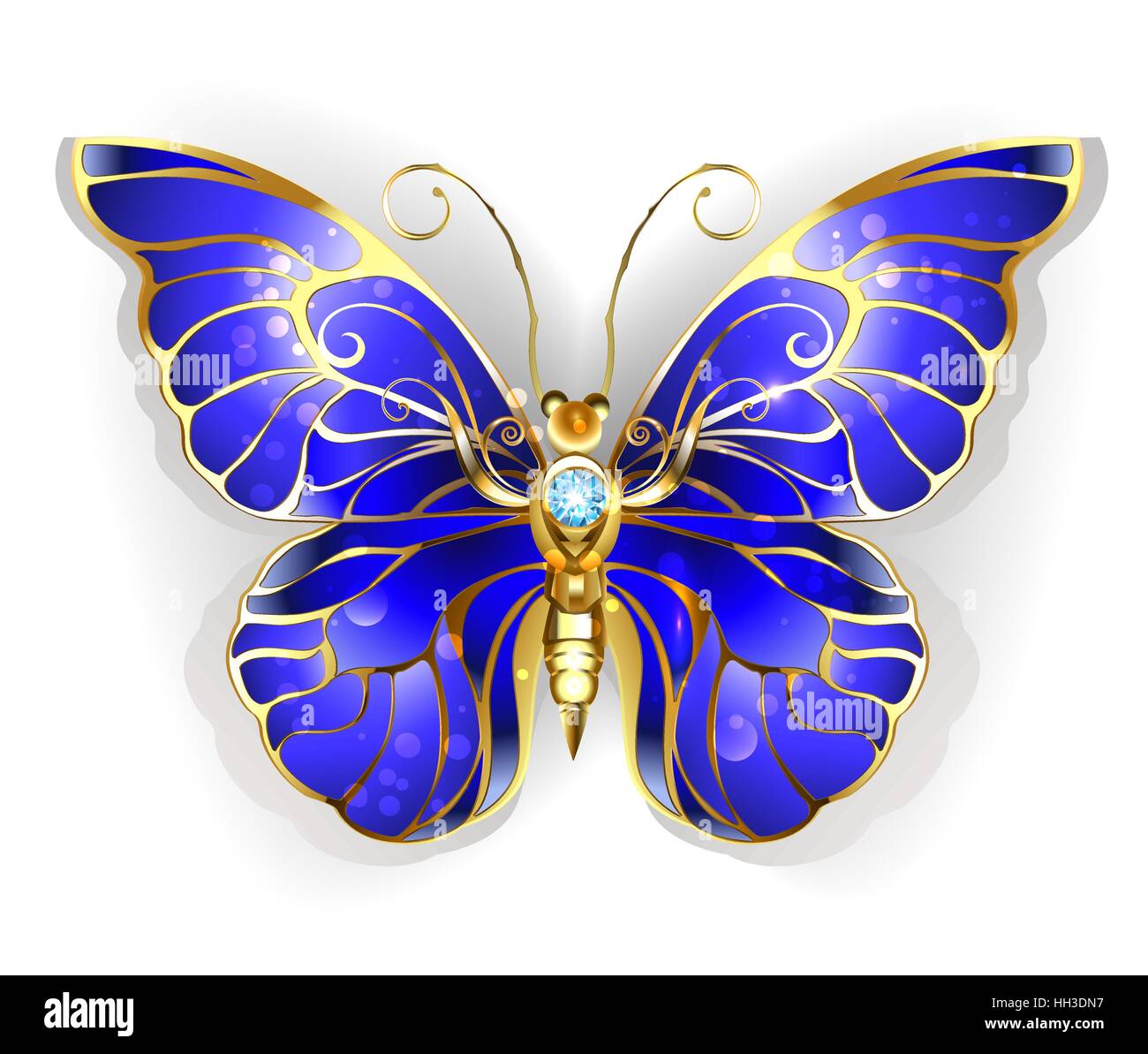 Luxus, Schmuck, gold Schmetterling mit dunkel blauen Saphir Flügeln auf einem weißen Hintergrund. Der goldene Schmetterling Morpho. Stock Vektor