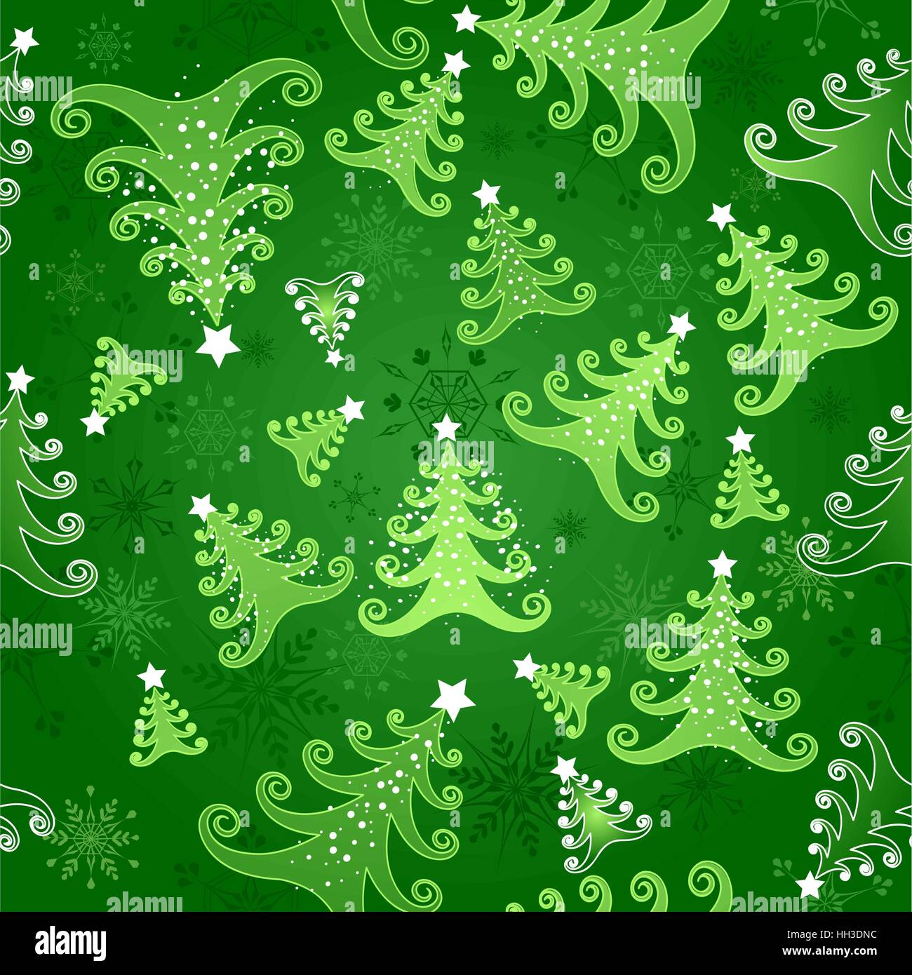 Grüner nahtlose Hintergrund mit Schneeflocken und grüne stilisierte Weihnachtsbäume dekoriert mit weißen Sternen. Stock Vektor
