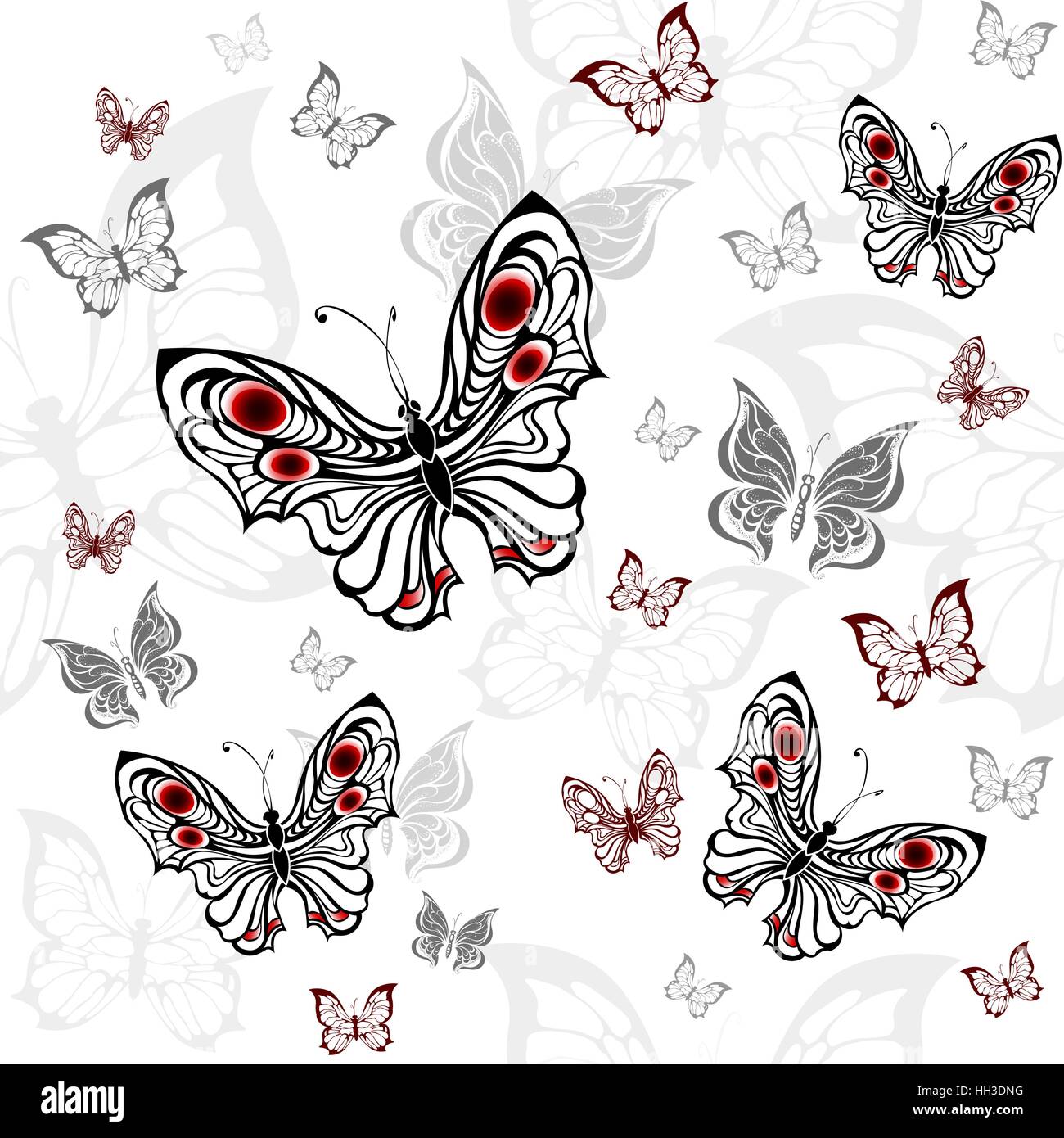 nahtlose Muster von grauen und roten Schmetterlingen auf einem weißen Hintergrund. Stock Vektor