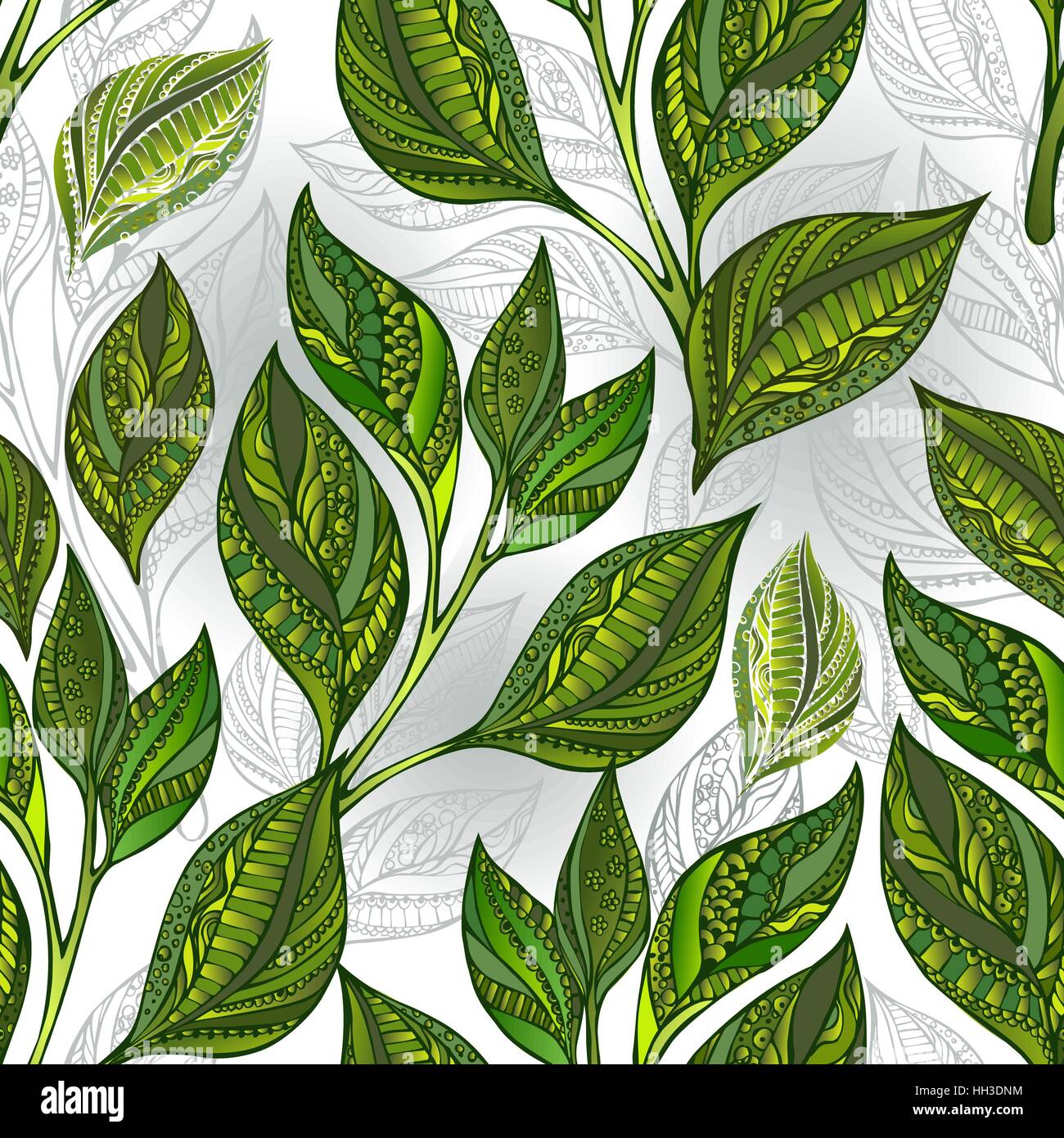 Nahtloses Muster grün gemusterten Tee Blätter und Sprossen auf hellem Hintergrund. Tee-Design. Stock Vektor