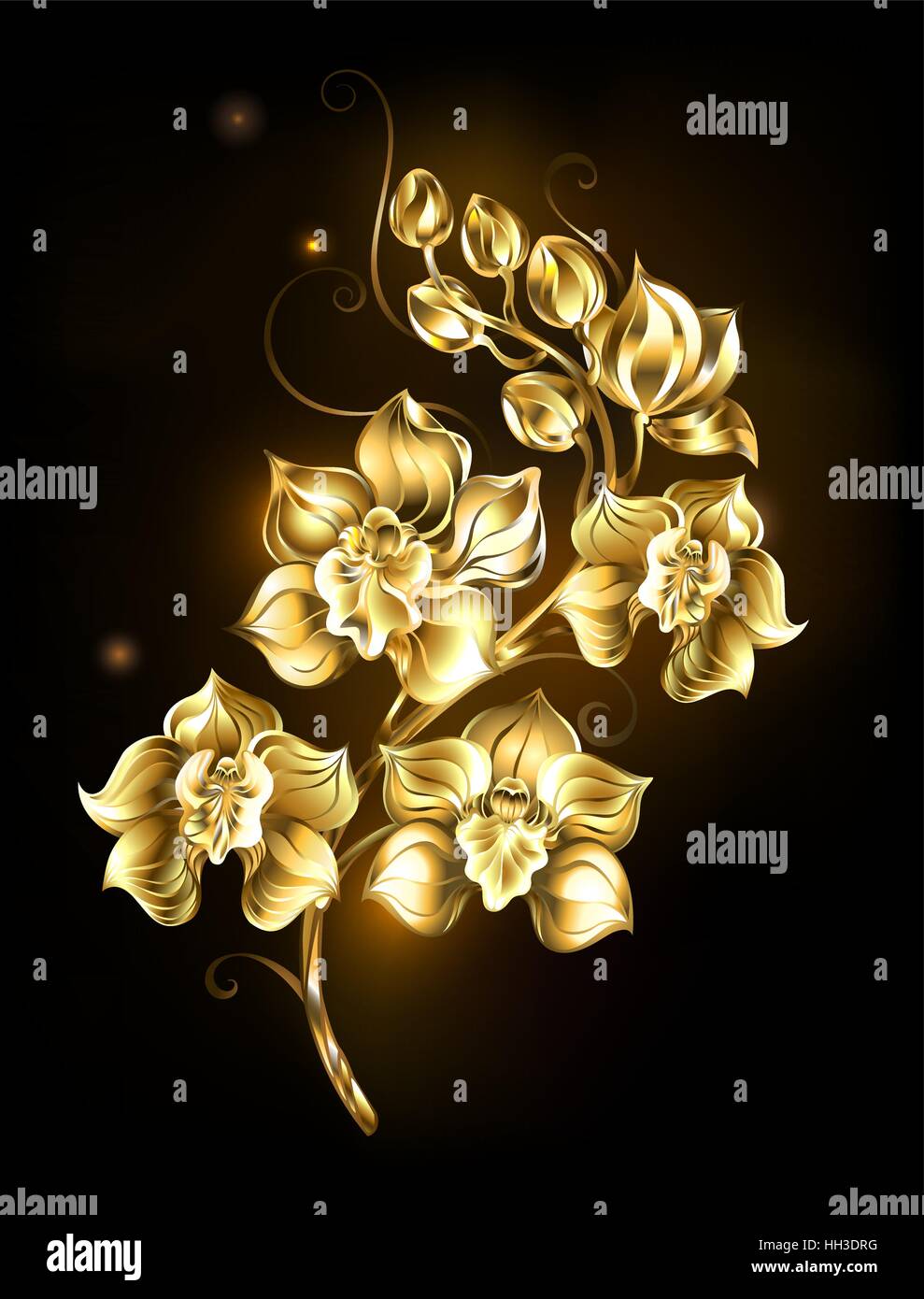 kunstvoll bemalte, goldene, funkelnde Schmuck Orchidee auf einem schwarzen Hintergrund. Design mit Orchideen Stock Vektor