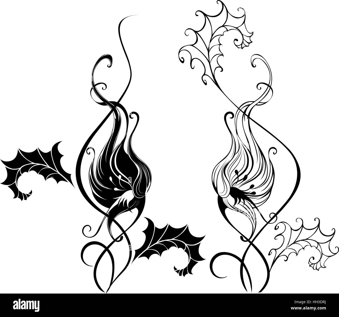 schwarze Silhouette von zwei kunstvoll bemalten Ackerwinde, weißen Hintergrund. Stock Vektor