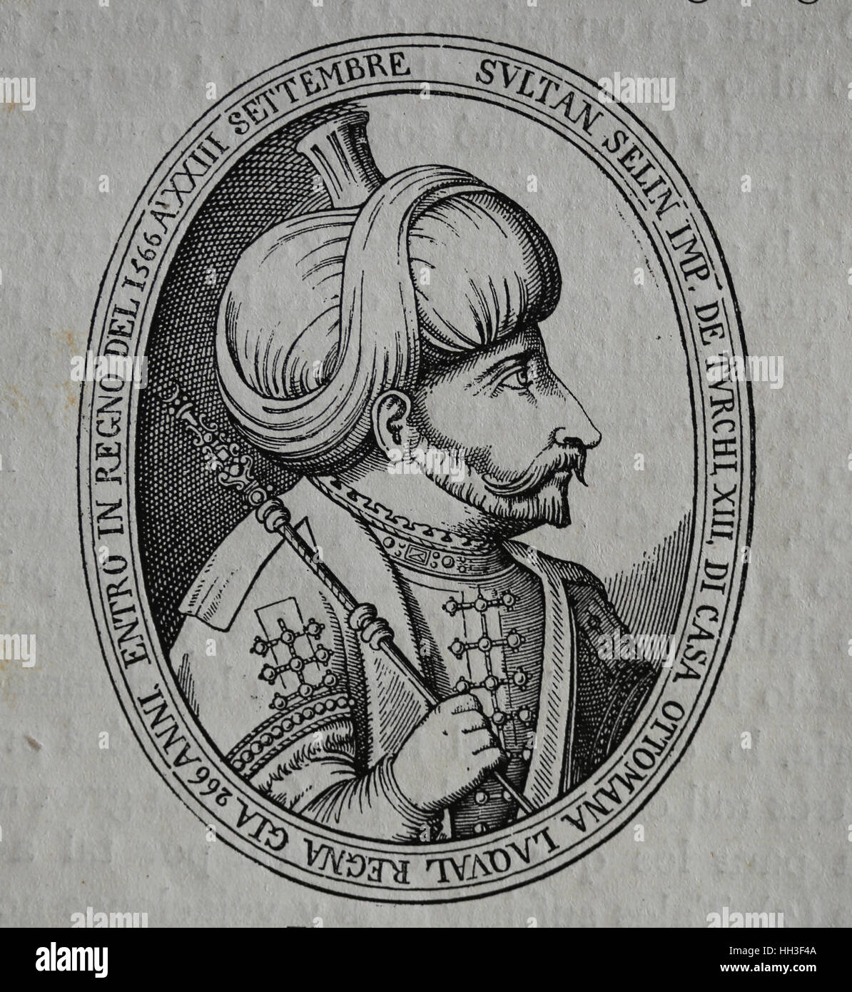 Selim II. (1524-1574). 11. Ottoman Sultan. Porträt. Kupferstich von Geschichte von Philipp II., 1884. Stockfoto