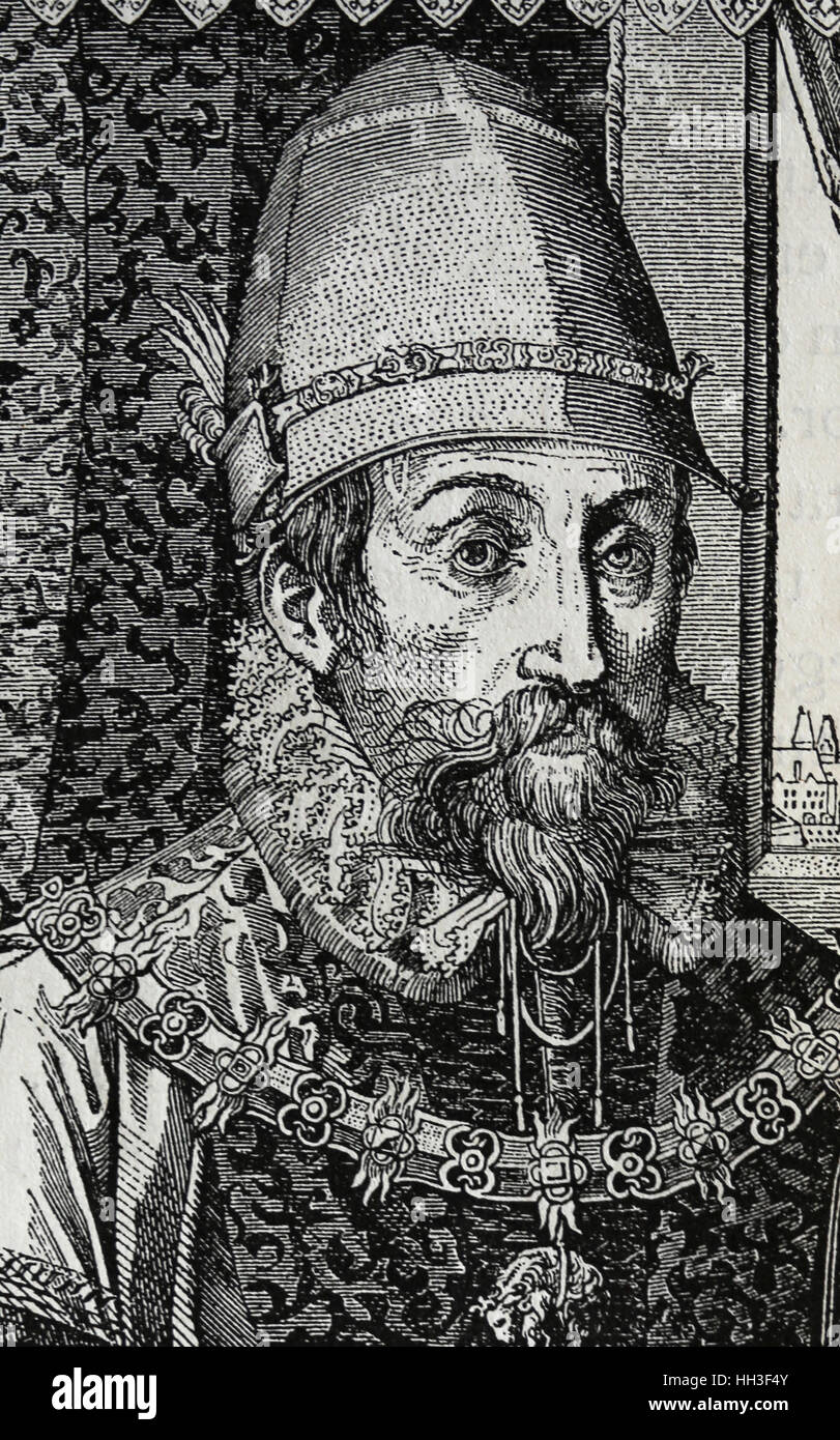 Maximilian ich (1459-1519). König der Römer ab 1486, Kaiser des Heiligen Römischen Reiches von 1493-1519. Kupferstich von Geschichte von Philipp II., 1884. Stockfoto