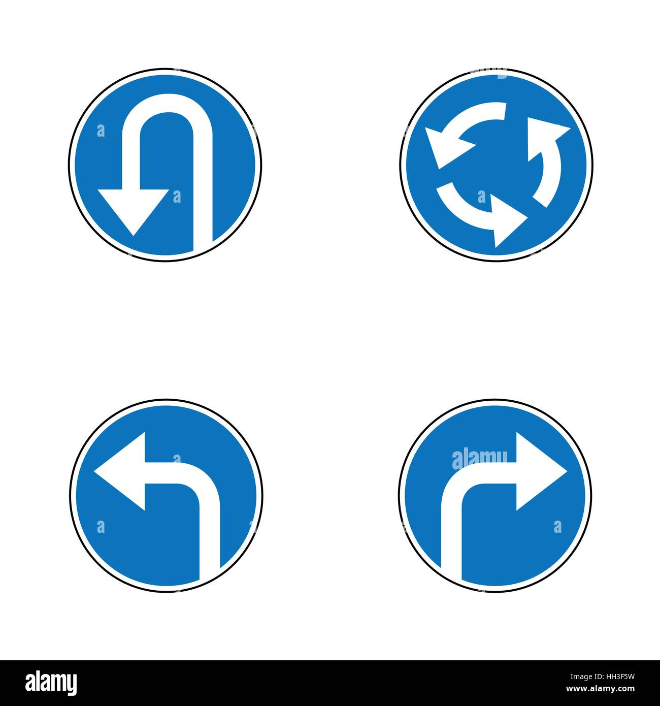 Vektor-Set Pfeil Straße obligatorisch blau Runde Verkehrszeichen, eine Kehrtwende, biegen Sie rechts und links und Kreisverkehr - Verkehrszeichen isolierten auf weißen Hintergrund in blu Stock Vektor
