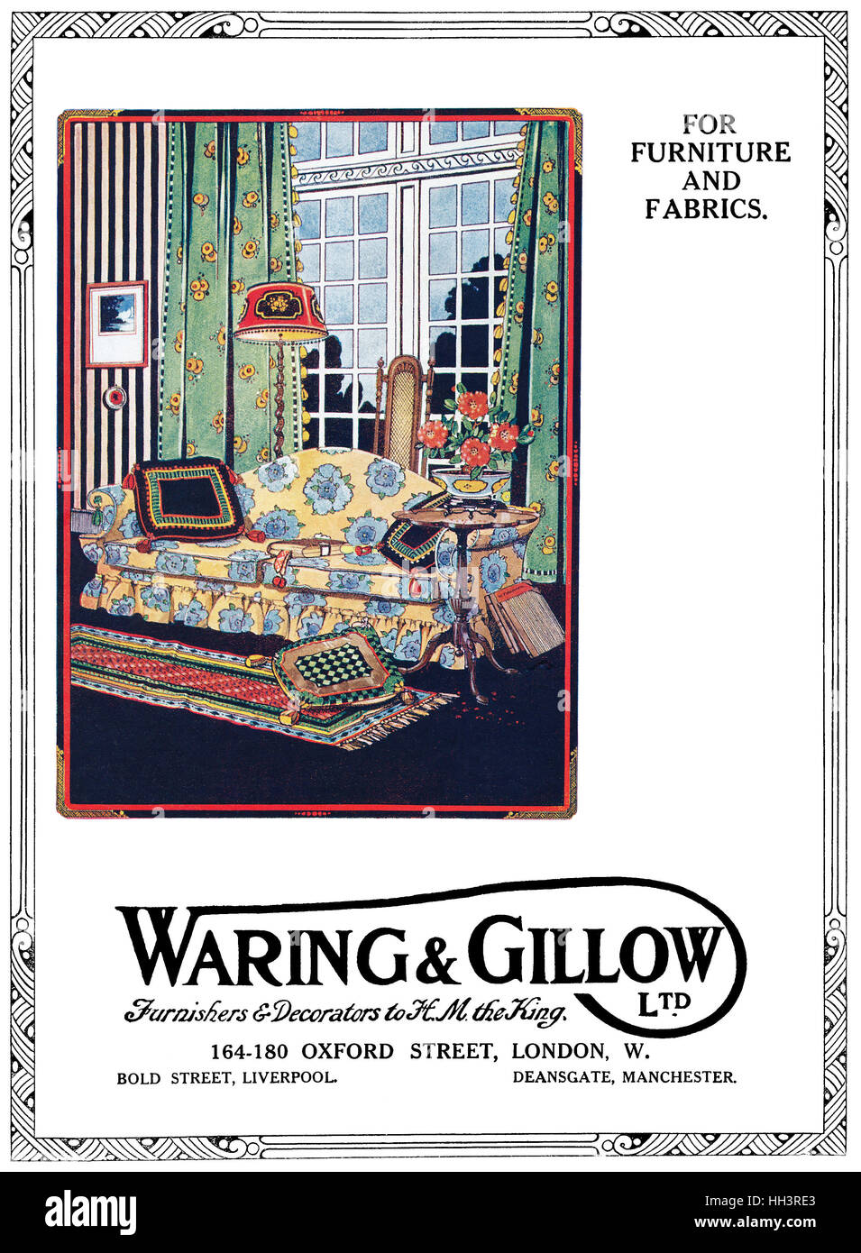 1917 britische Werbung für Waring & Gillow Möbel und Stoffe Stockfoto