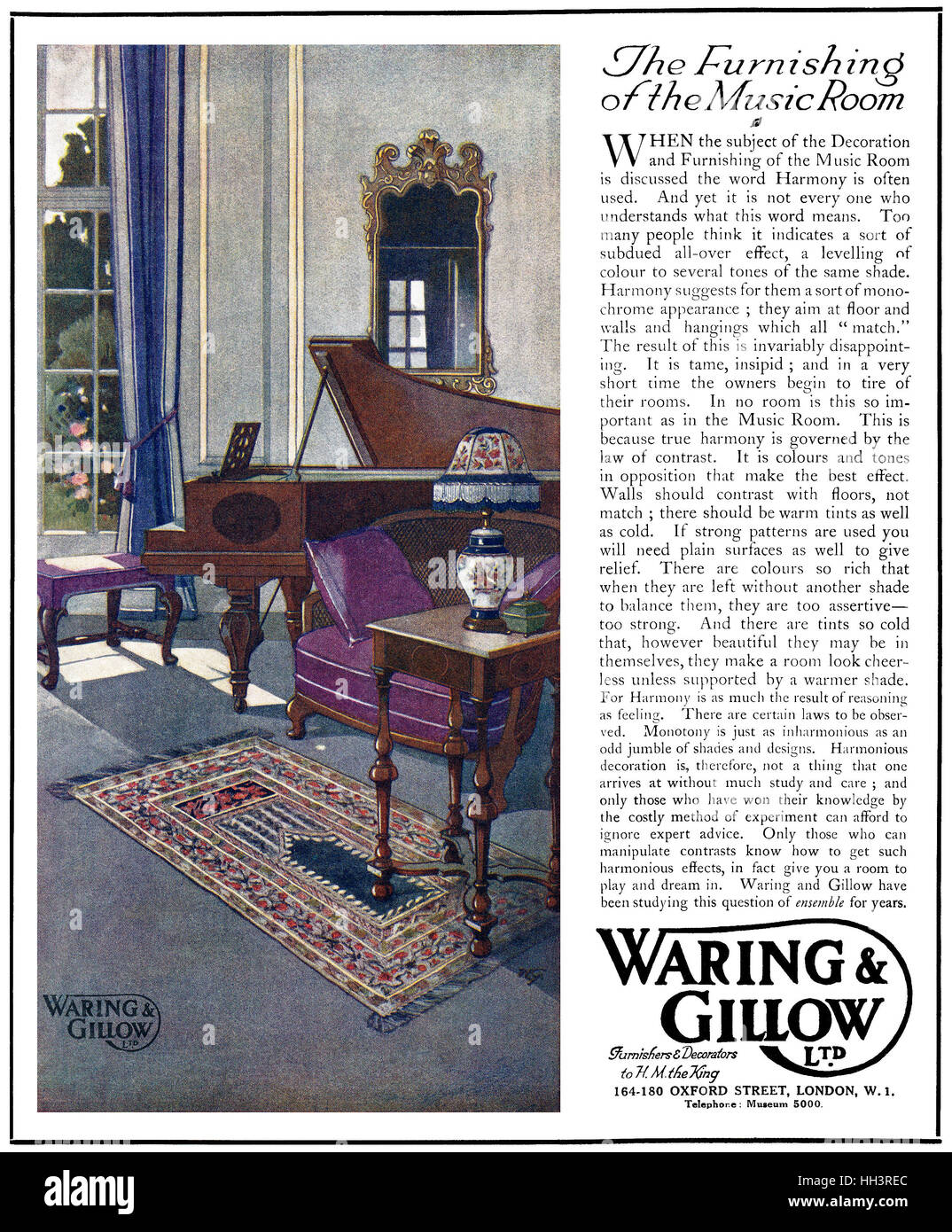 1918 britische Werbung für Waring & Gillow Möbel und Stoffe Stockfoto