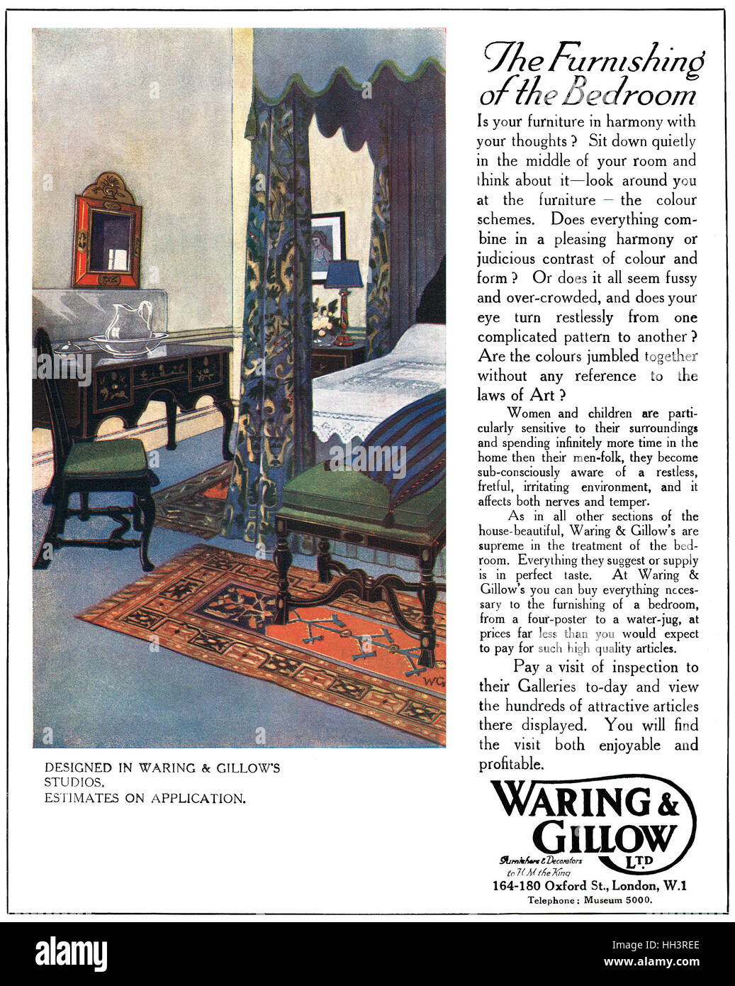 1918 britische Werbung für Waring & Gillow Möbel und Stoffe Stockfoto