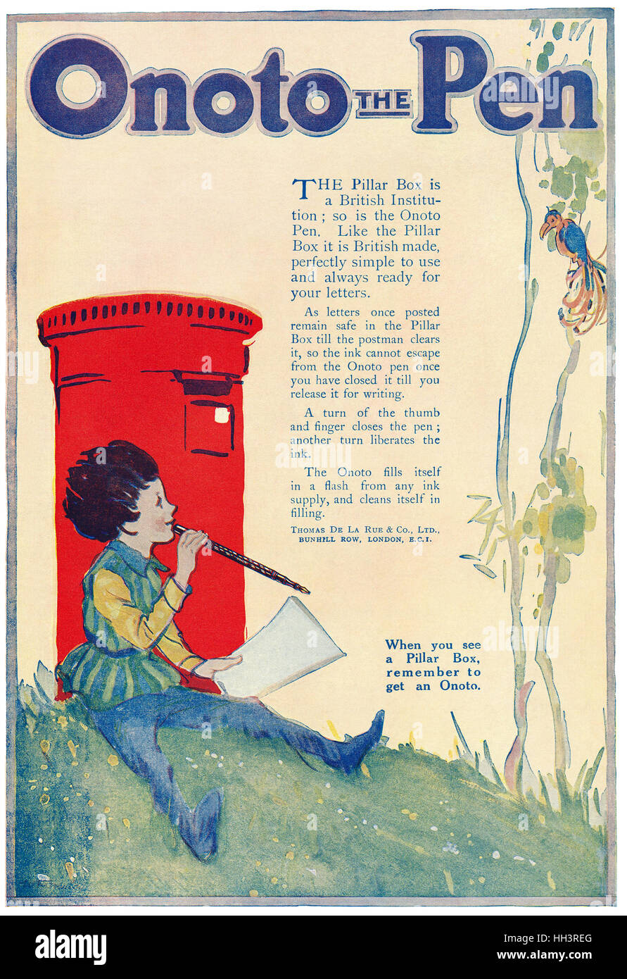 1920 britische Werbung für Onoto Füllfederhalter Stockfoto