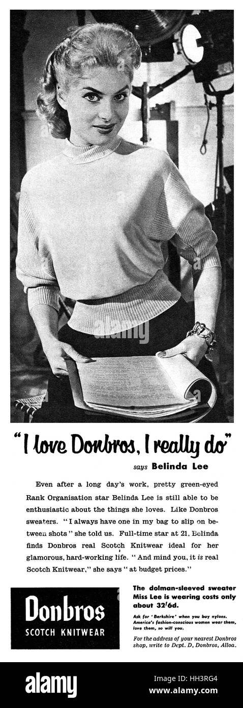 1956 britische Werbung für Donbros Scotch Strick, mit Schauspielerin Belinda Lee Stockfoto