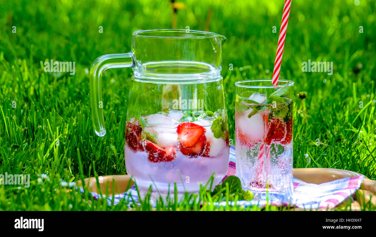 Ein frisches Getränk mit Erdbeeren und Minze Stockfoto