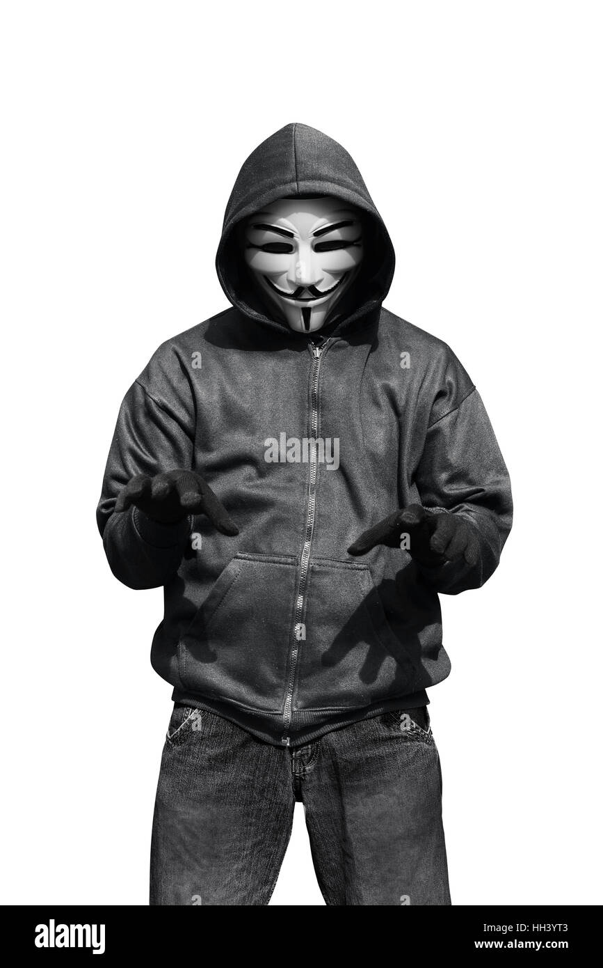 Porträt des Mannes mit anonymen Maske auf weißen Hintergrund isoliert Stockfoto