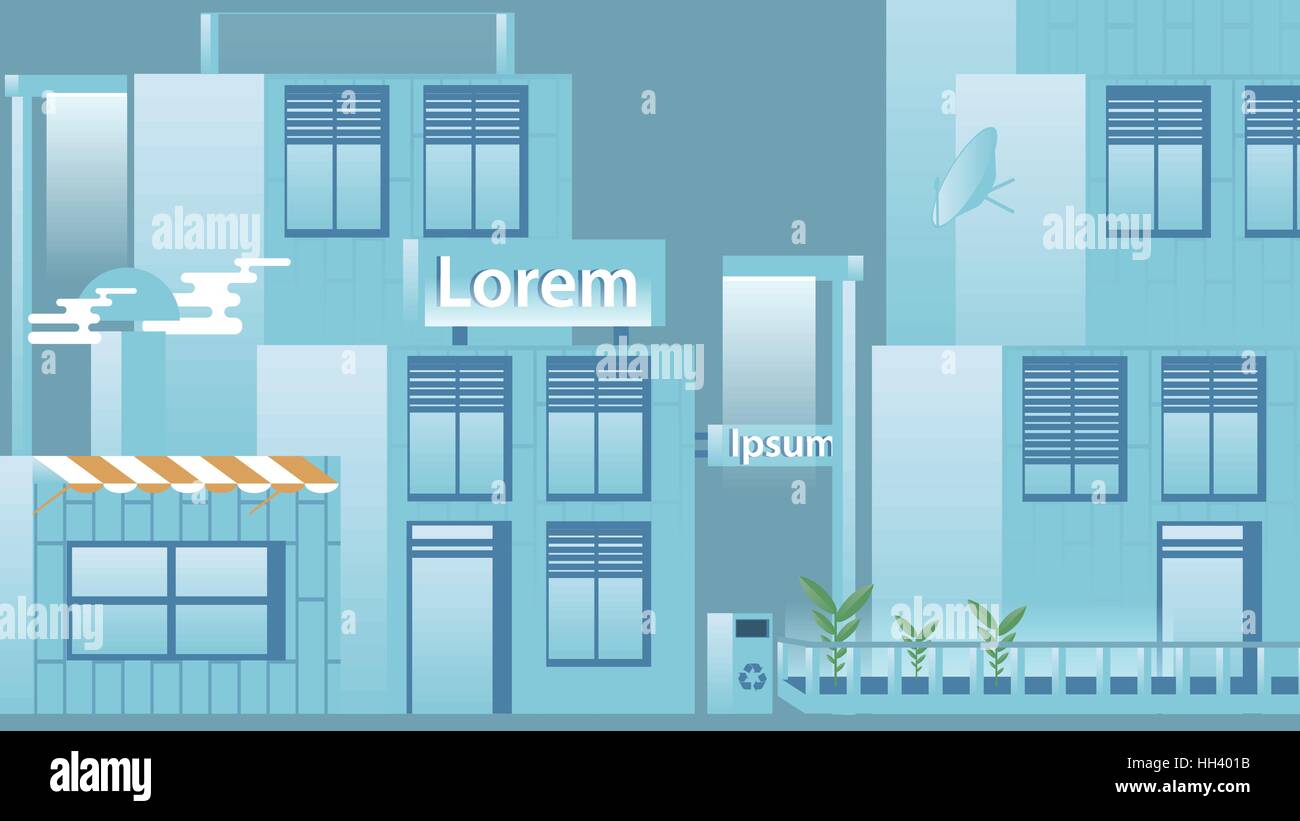 Flaches Design Urban Street mit modernen Häusern - Vektor-Illustration Stock Vektor