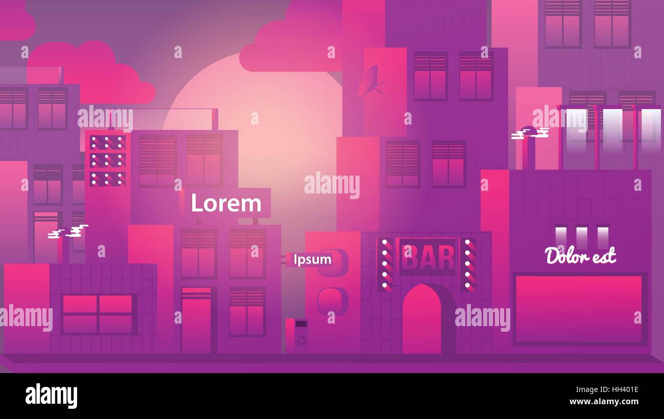 Urban Street mit modernen Häusern und Bar bei Sonnenuntergang - Vektor-Illustration Stock Vektor