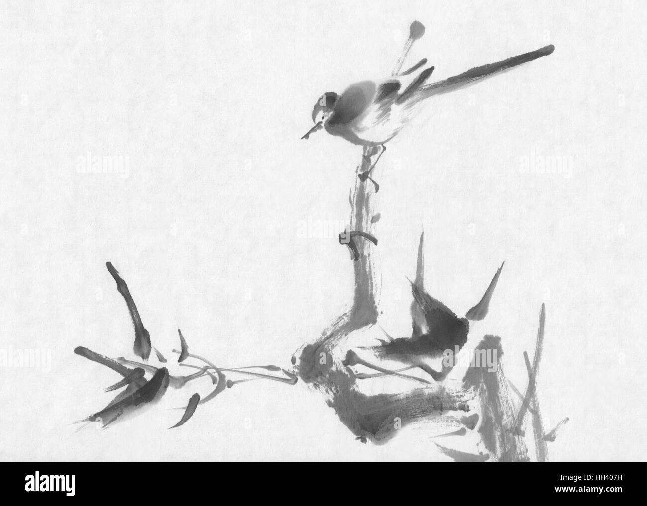 Tuschemalerei Vogel Sumi-e Stockfoto