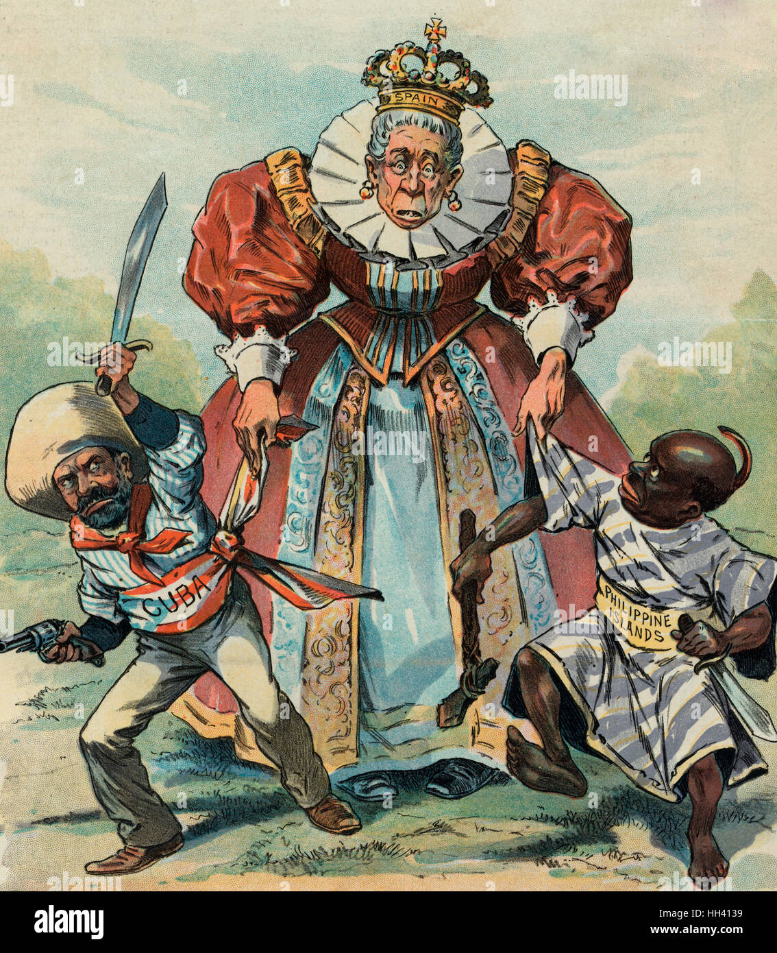 Sie ist immer zu schwach, um sie zu halten - Print zeigt eine ältere Frau, die mit der Bezeichnung "Spanien", möglicherweise María Cristina, Königin Regent, kämpfen, um Kontrolle über zwei winzige Figuren, eine beschriftete "Kuba", bewaffnet mit einer Pistole und Schwert, und die anderen beschriftete "philippinischen Inseln", mit einer groben Beil und Messer bewaffnet. Politische Karikatur in den Spanisch-Amerikanischen Krieg im Vorfeld. 1896 Stockfoto