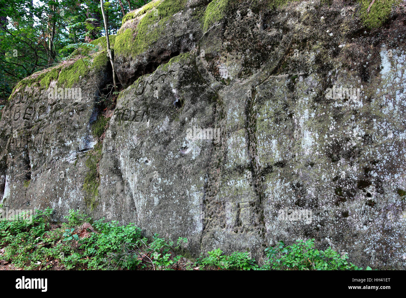 Verwitterte flache Relief, voraussichtlich Volto Santo Typ, Kruzifix, Teil von einem alten Pilgerweg, Ernst-Michel Felsen in der Nähe von Mainleus, Landkreis Kulmbach Stockfoto