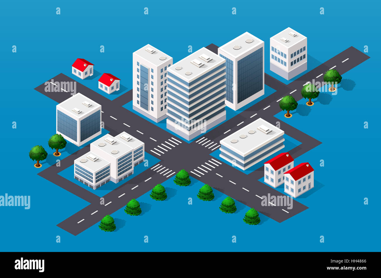 Isometrischen 3D Stadtansicht Blick auf die Spitze des Hauses und Straßenbäume Stockfoto