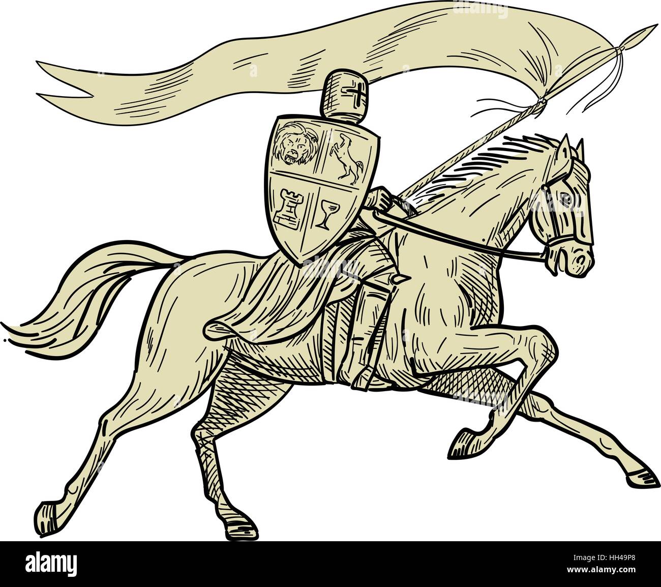 Zeichnung Skizze Stil Darstellung der Ritter reiten in voller Rüstung mit Lanze, Schild und Fahne Reitpferd der Seitenansicht auf isolierte weiß Stock Vektor