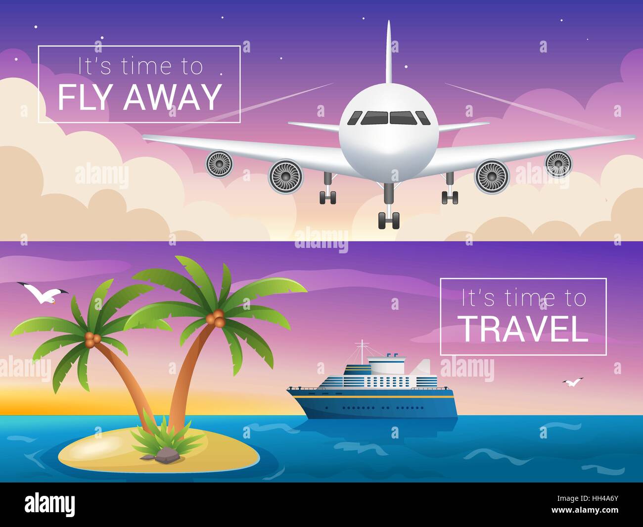 Vektor-Reisen Banner gesetzt. Passagierflugzeug in den Wolken, Ozeandampfer-Meer-Kreuzfahrt zu den Inseln bei Sonnenuntergang Stock Vektor