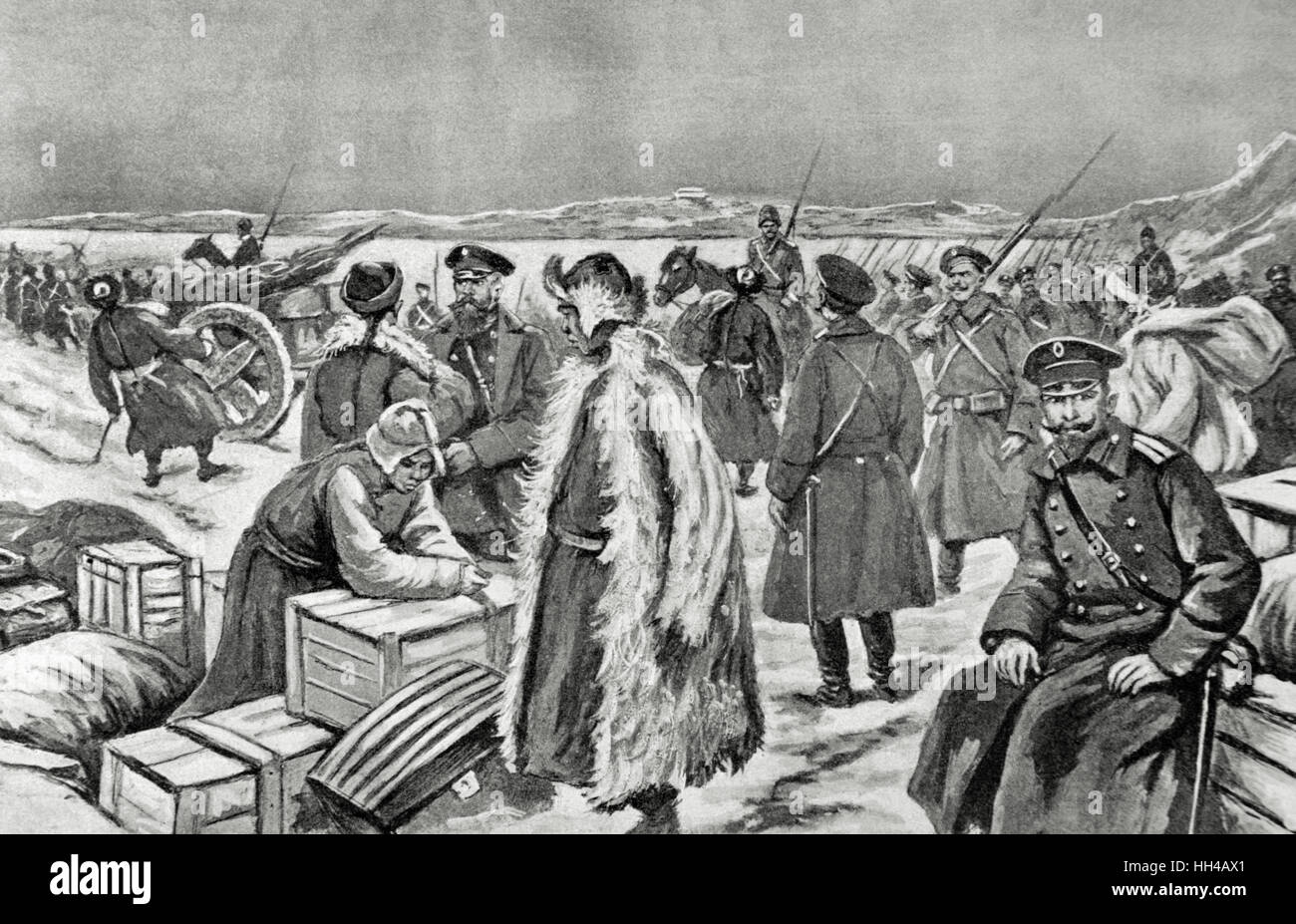 Russo-japanischer Krieg (1904-1905). Russische Armee am Ufer des Flusses Yalu, Gebiet von Korea. Gravur. "La Ilustracion Espanola y Americana", 1904. Stockfoto