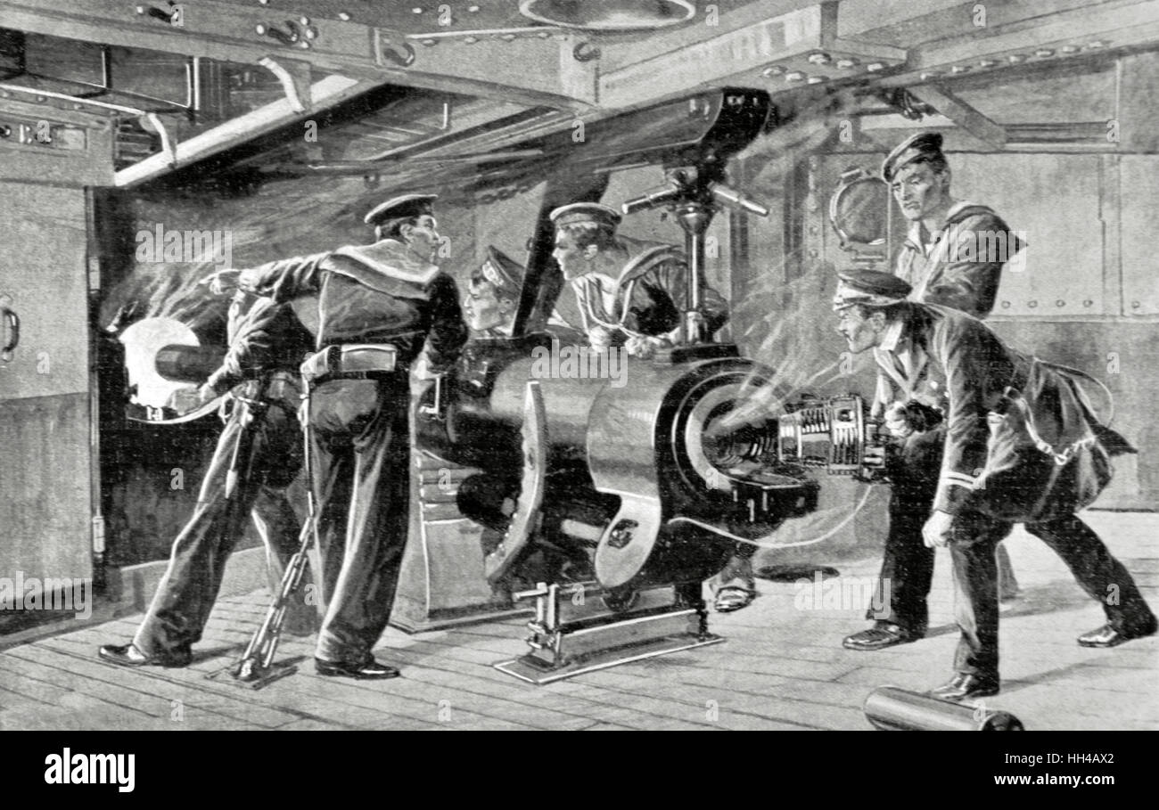 Russo-japanischer Krieg (1904-1905). Öffnen Feuer an Bord eines japanischen Schlachtschiff. Gravur. "La Ilustracion Espanola y Americana", 1904. Stockfoto