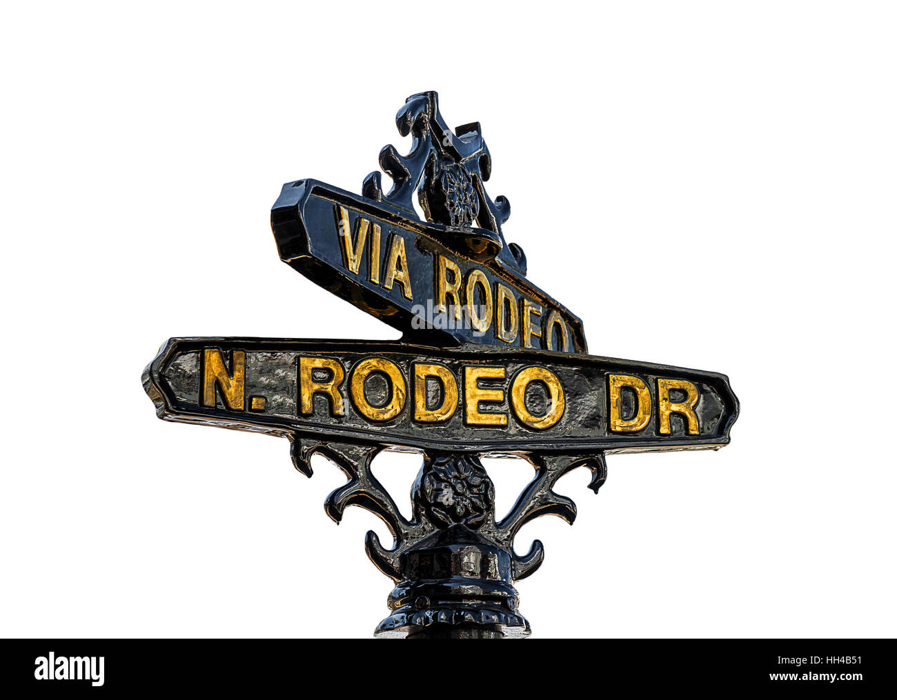 Zeichen der Rodeo Drive in Beverly Hills, Los Angeles - Bild isoliert auf weißem Hintergrund Stockfoto