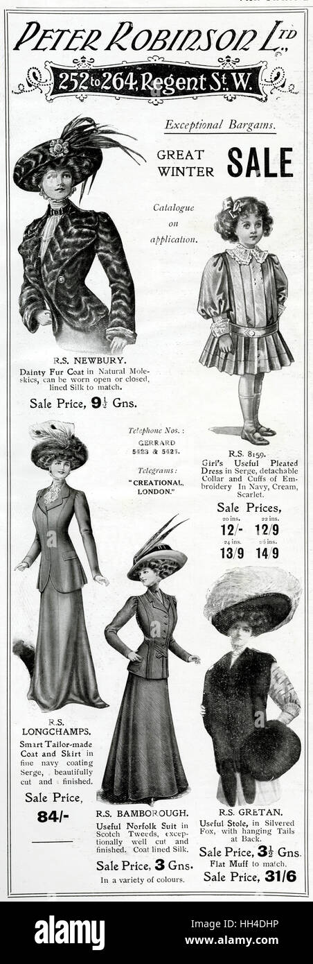 Anzeige für Peter Robinson Winterbekleidung 1909 Stockfoto