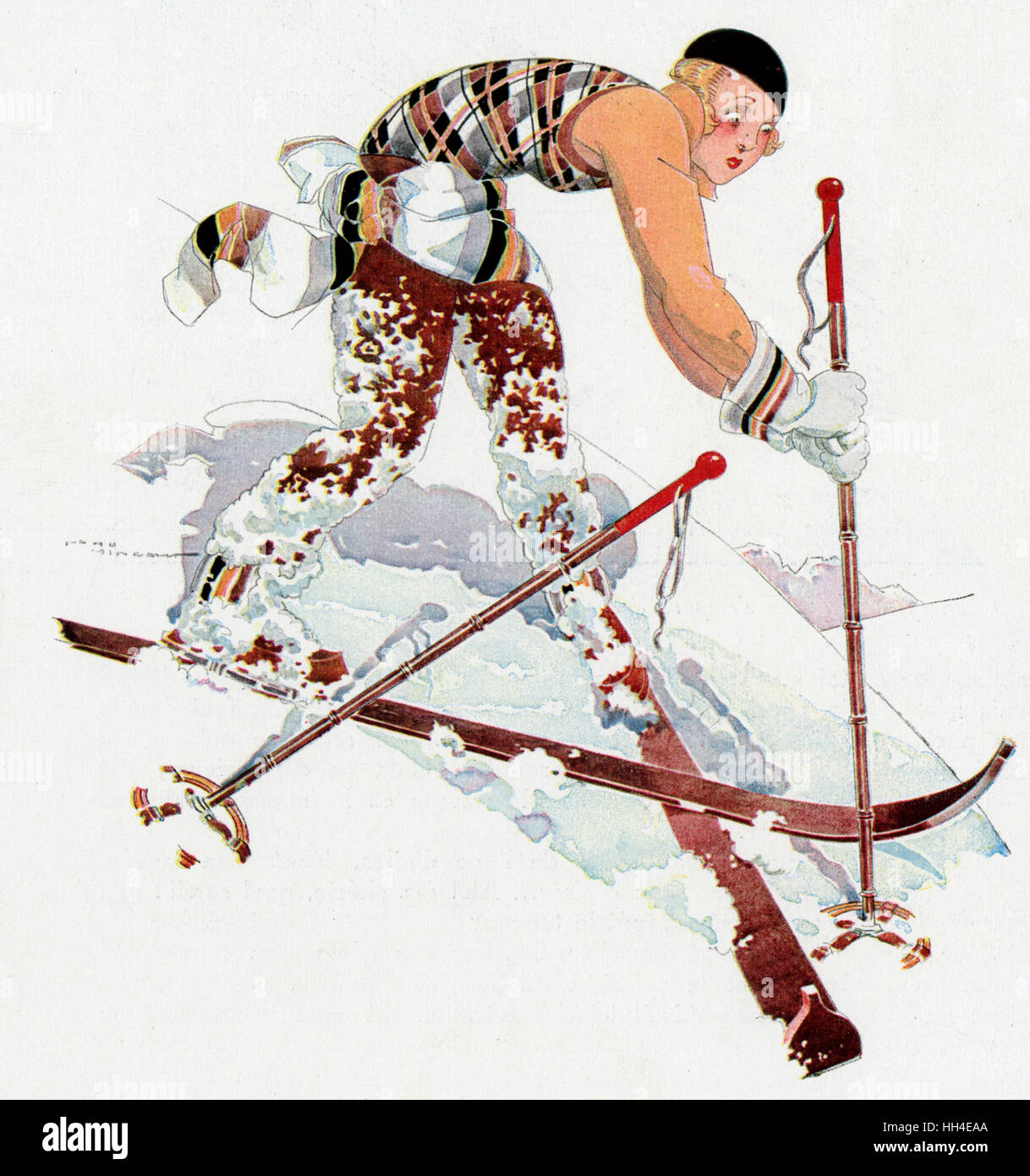 Dieser Skifahrer geht für eine Herbst - sie hat ihren Skiern überquerte (und das ist nicht gut). Stockfoto