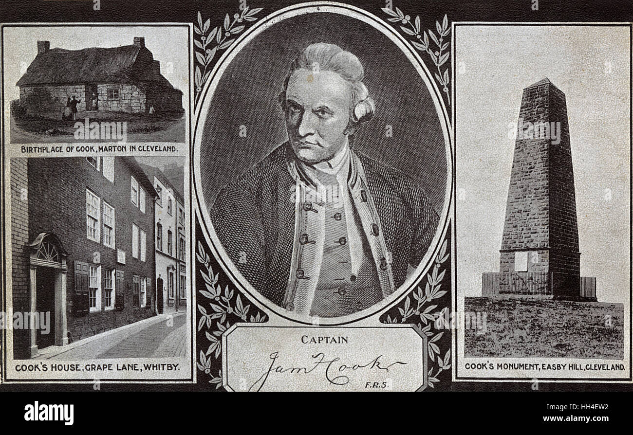 Captain James Cook (1728-1779) - britische Forscher, Navigator, Kartograph und Kapitän der Royal Navy - Porträt und bemerkenswerte Orte zugeordnet sein Leben - sein Geburtshaus in Marton in Cleveland, sein Haus auf Traube Lane, Whitby und die Cook-Denkmal Stockfoto