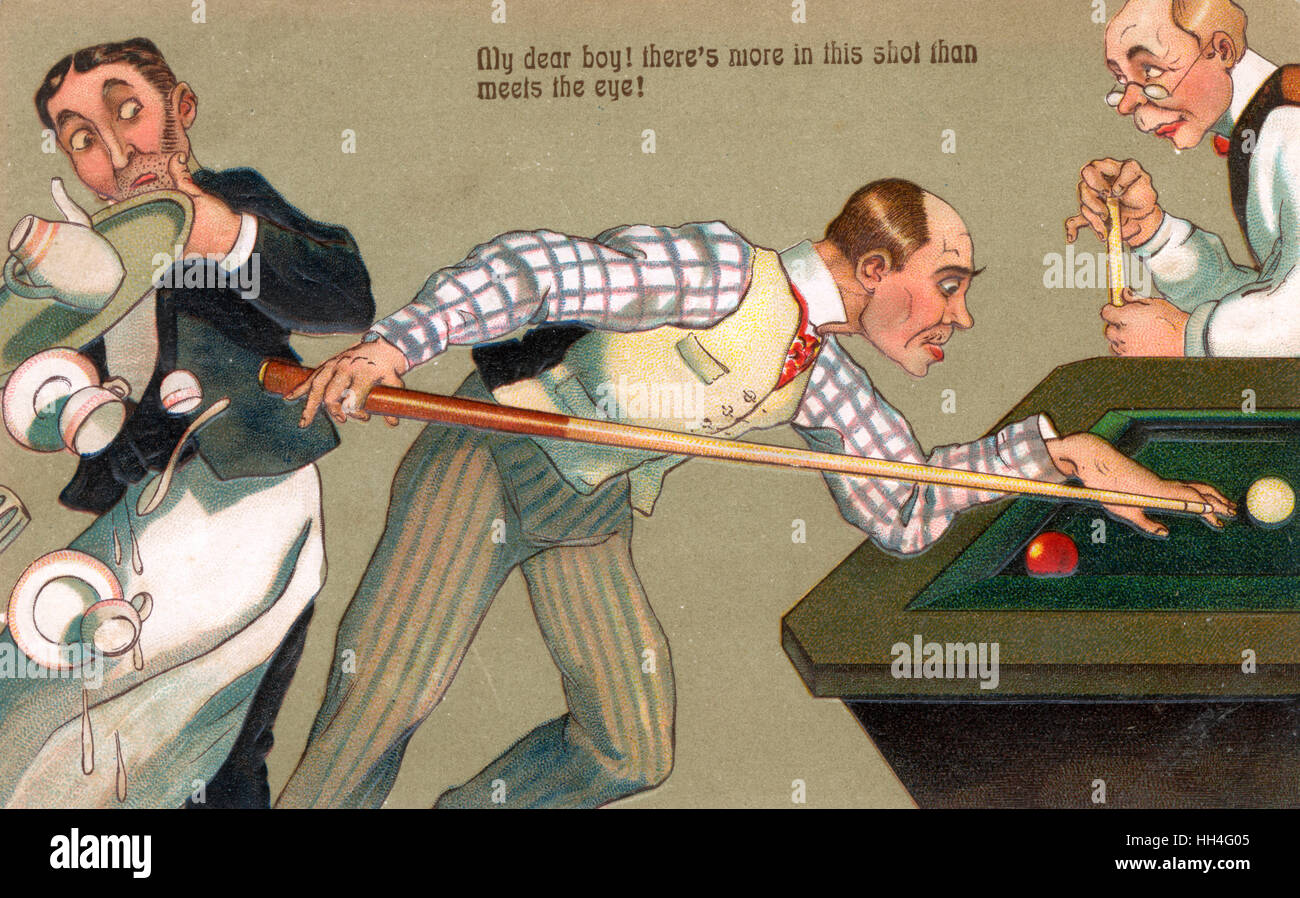 Comic-Postkarte - Sport - Billard - Unfall Stockfoto
